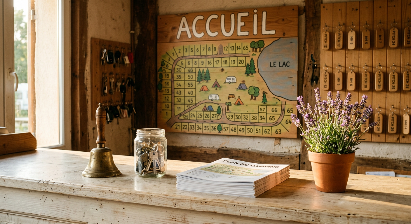 Comptoir d'accueil d'un camping avec un plan des emplacements, un bocal de clés et une plante